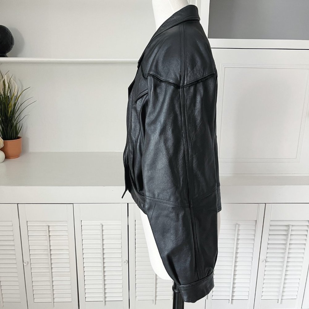 Vintage Black Leather Cropped V-Neck Leather Jacket | S/M - Picture 5 of 9